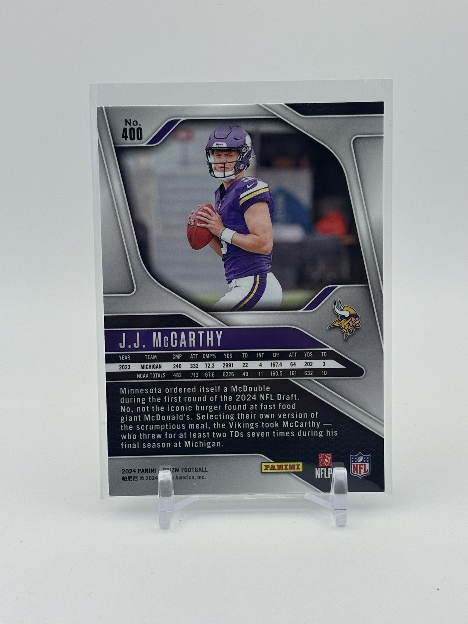 lot 575 image: 2024 Panini Prizm - Rookies J.J. McCarthy Rookie Card Minnesota Vikings