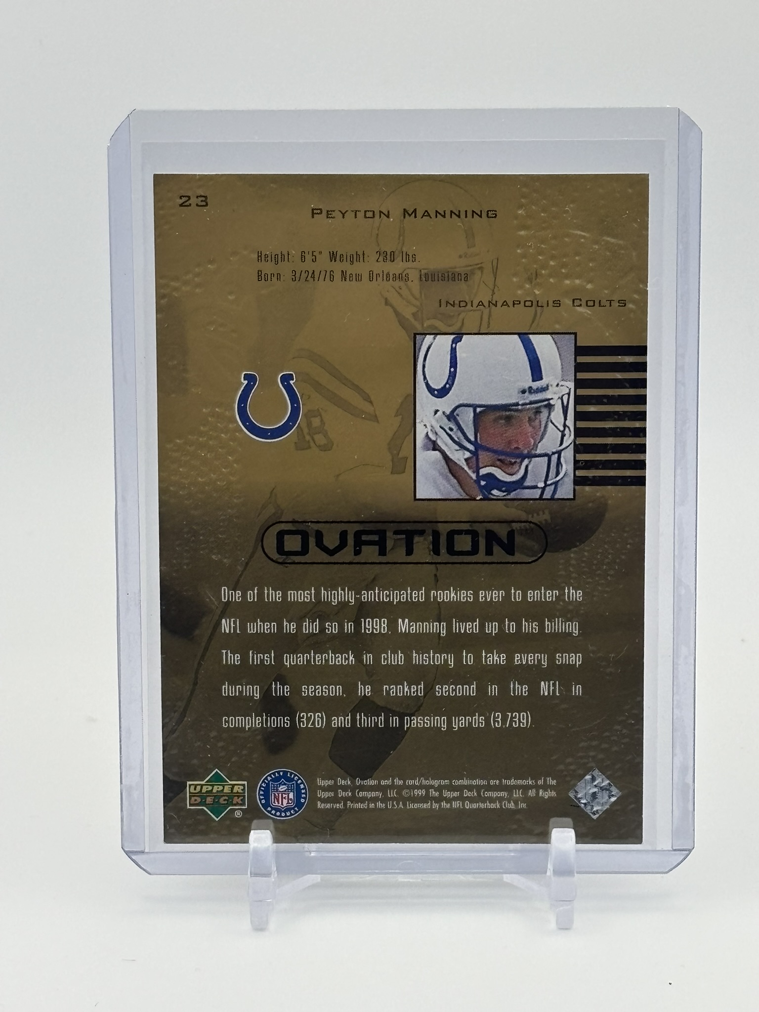 lot 582 image: 1999 Upper Deck Ovation - Peyton Manning #23 2nd Year Card