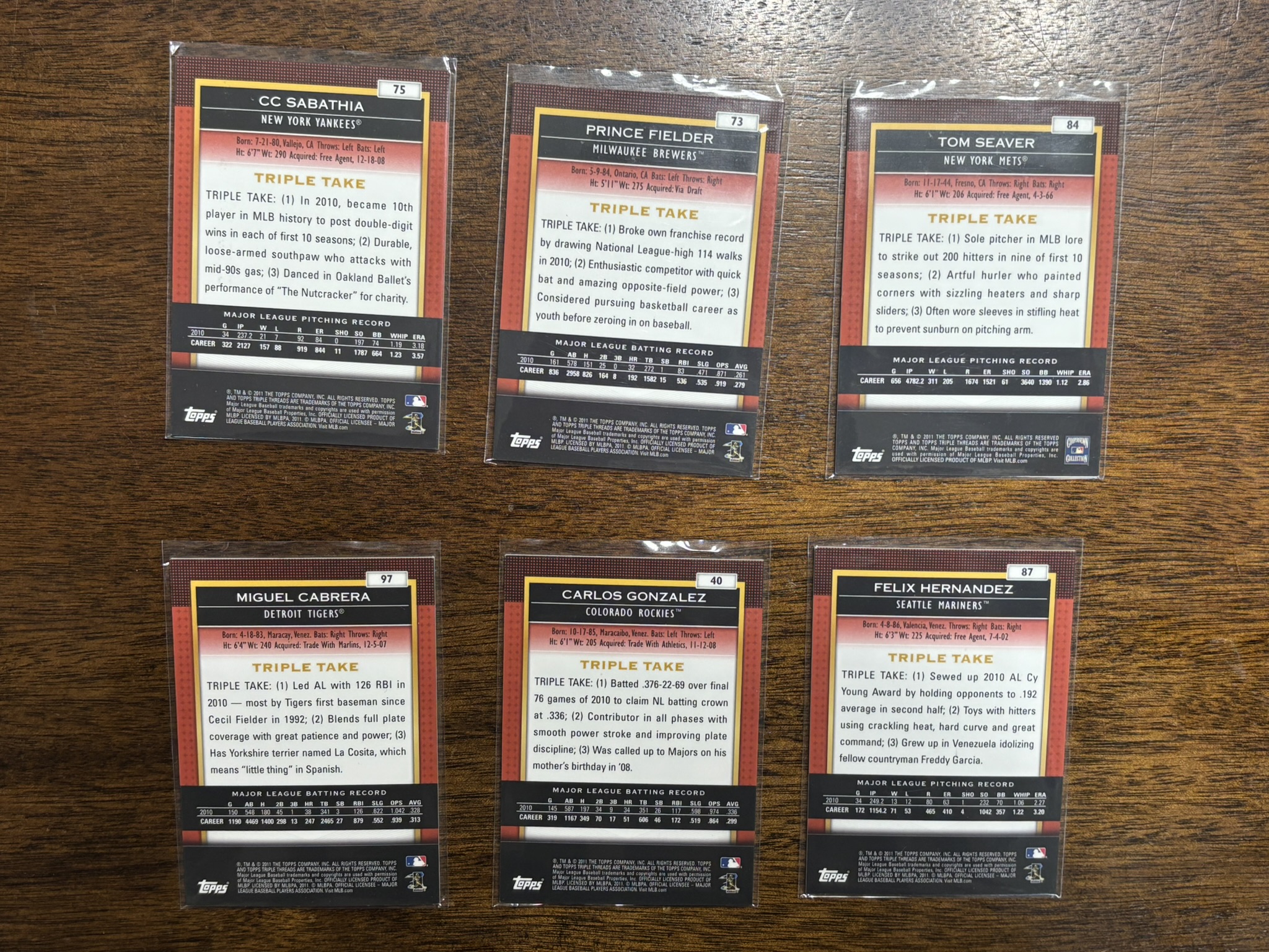 lot 607 image: 2011 Topps Triple Threads Serial #d Insert Card Lot, CC Sabbathia, Prince Fielder, Tom Seaver, Miguel Cabrera, Carlos Gonzalez, Felix Hernandez, all Cards #d to 1500