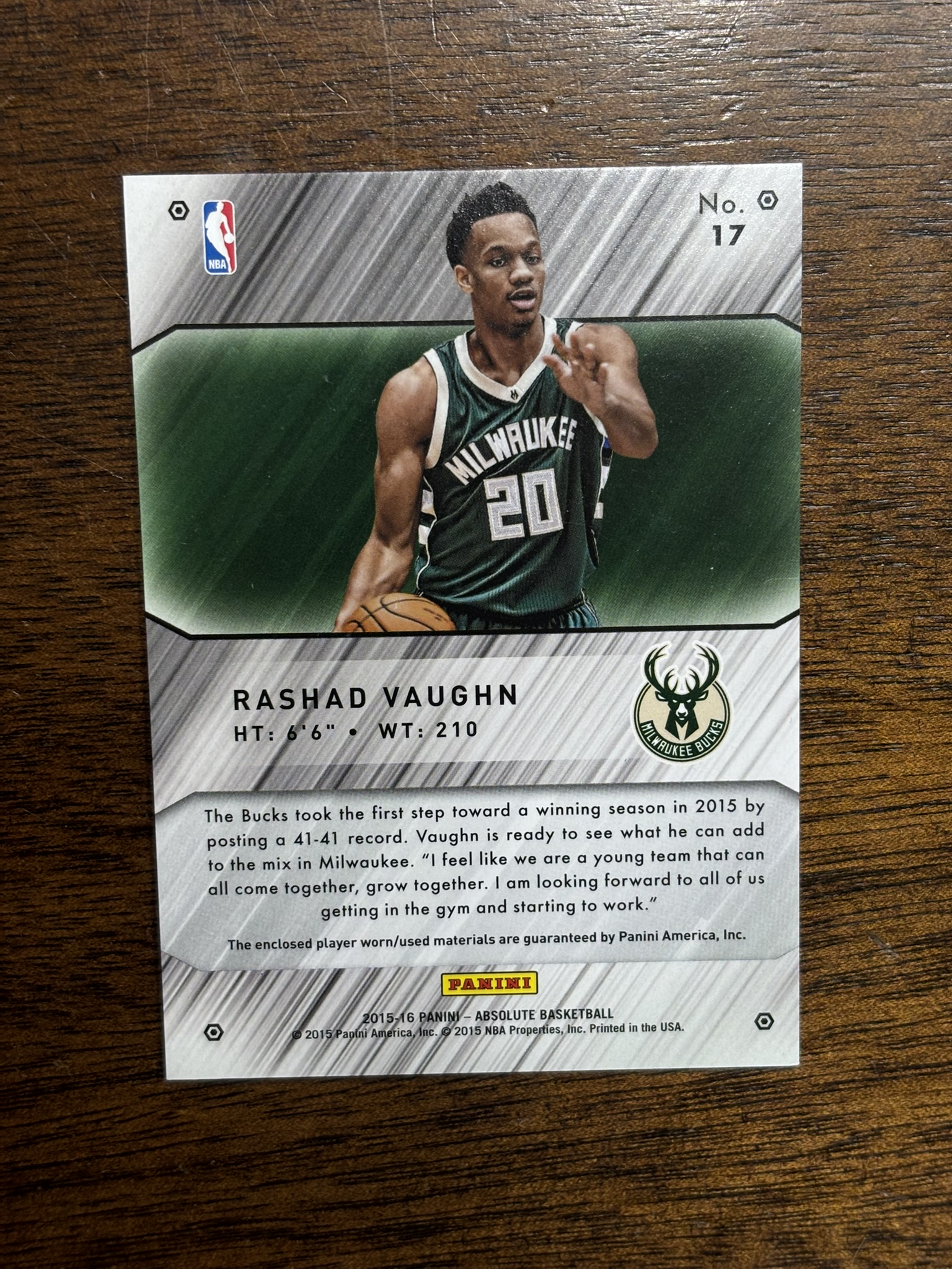 lot 610 image: 2015 Absolute Basketball Rashad Vaughn Tools of the Trade Game Used Basketball and Jersey Card Rookie Card Serial #d 8399 Milwaukee Bucks