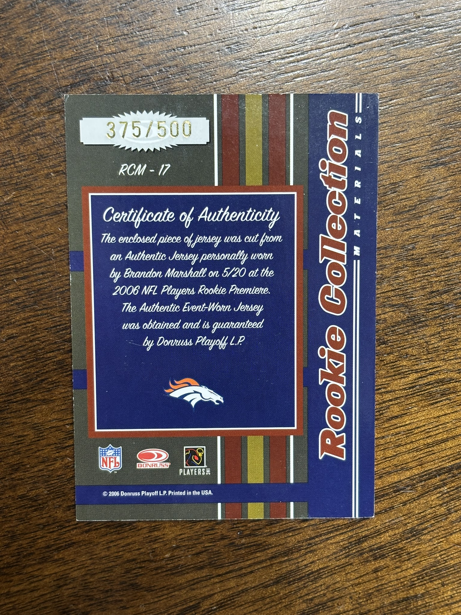 lot 611 image: 2006 Donruss Threads Brandon Marshall Rookie Jersey Card Serial #d 375500