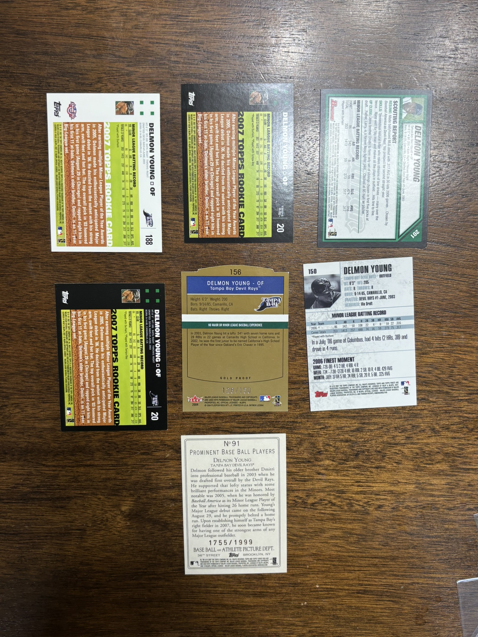 lot 620 image: Delmon Young Rookie Card Lot, 7 Cards, One Card Serial #d 128150