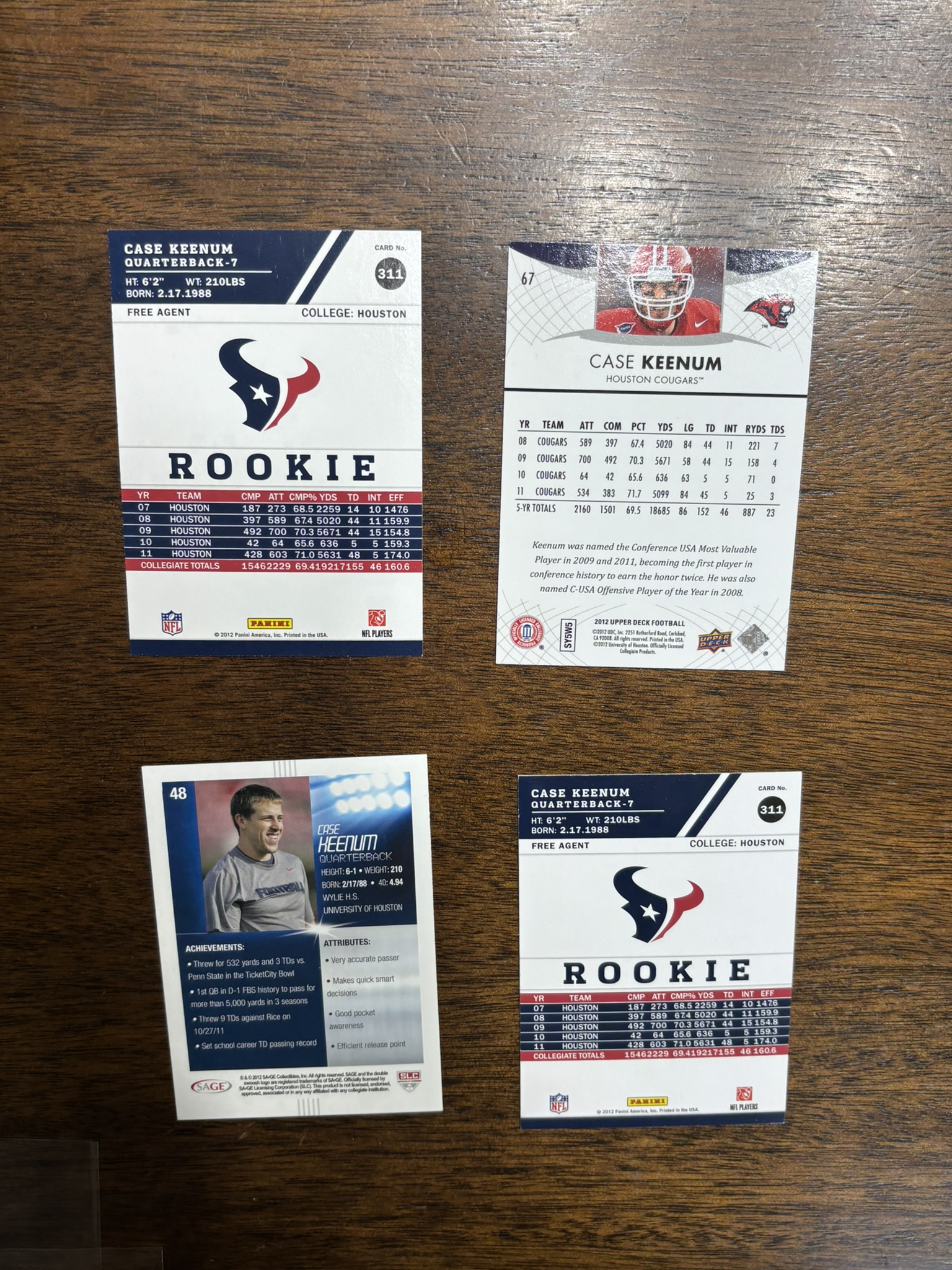 lot 621 image: Case Keenum Rookie Card Lot, Four Rookie Cards, Former Minnesota Viking