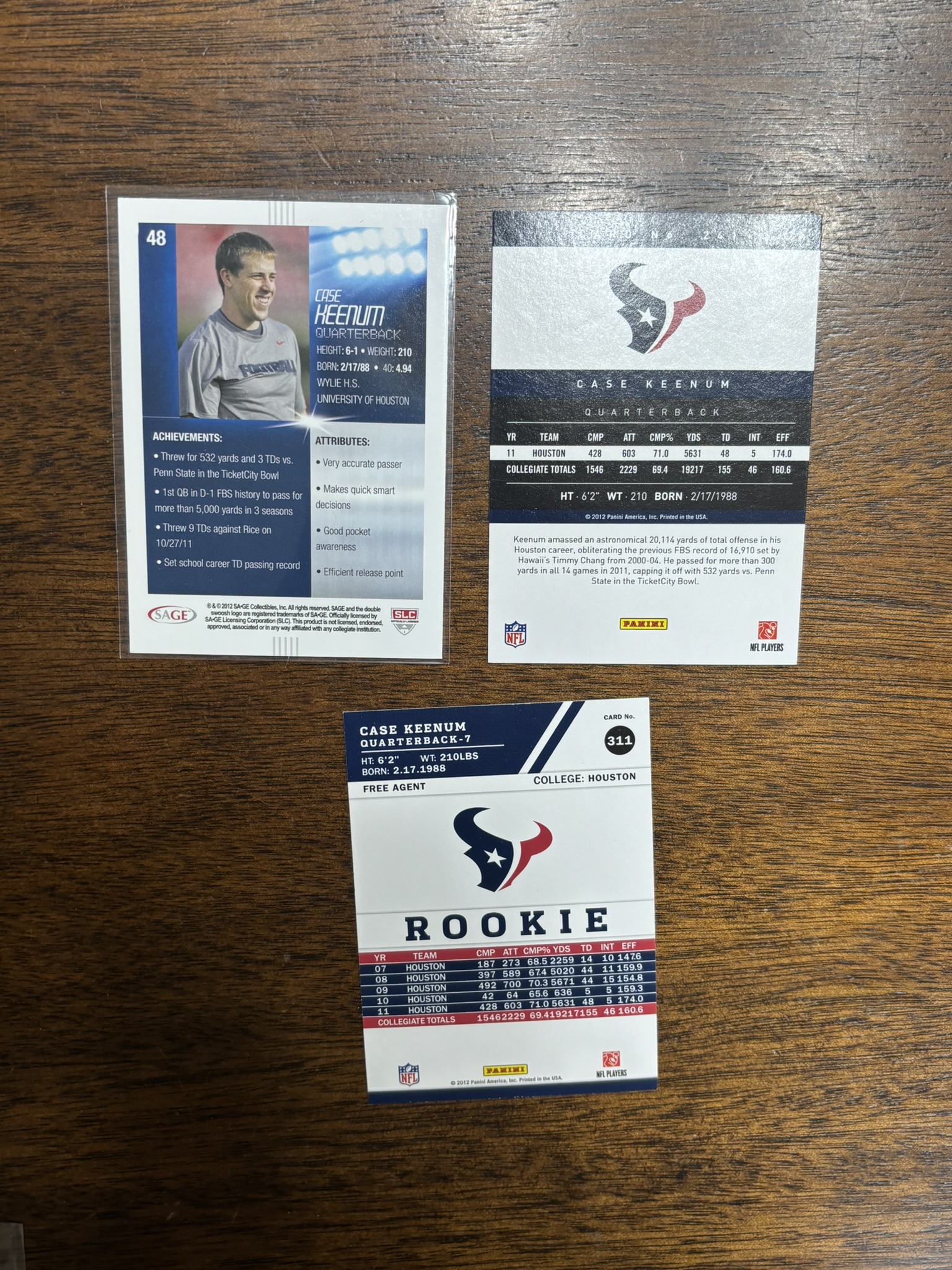 lot 622 image: Case Keenum Rookie Card Lot, Three Different Rookie Cards, Former Minnesota Viking