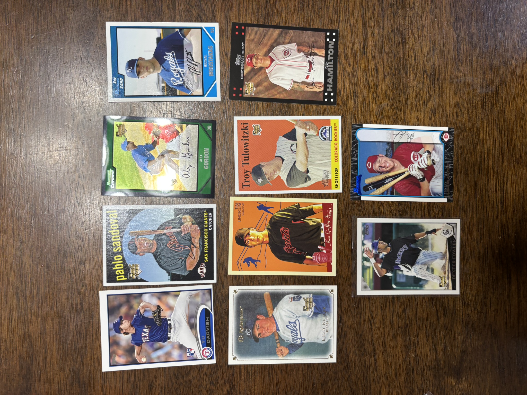 lot 639 image: Baseball 10-Card Rookie Card Lot Featuring Star Players, Tim Lincecum, Yu Darvish, Alex Gordon, Troy Tulowitzki, Josh Hamilton, and More