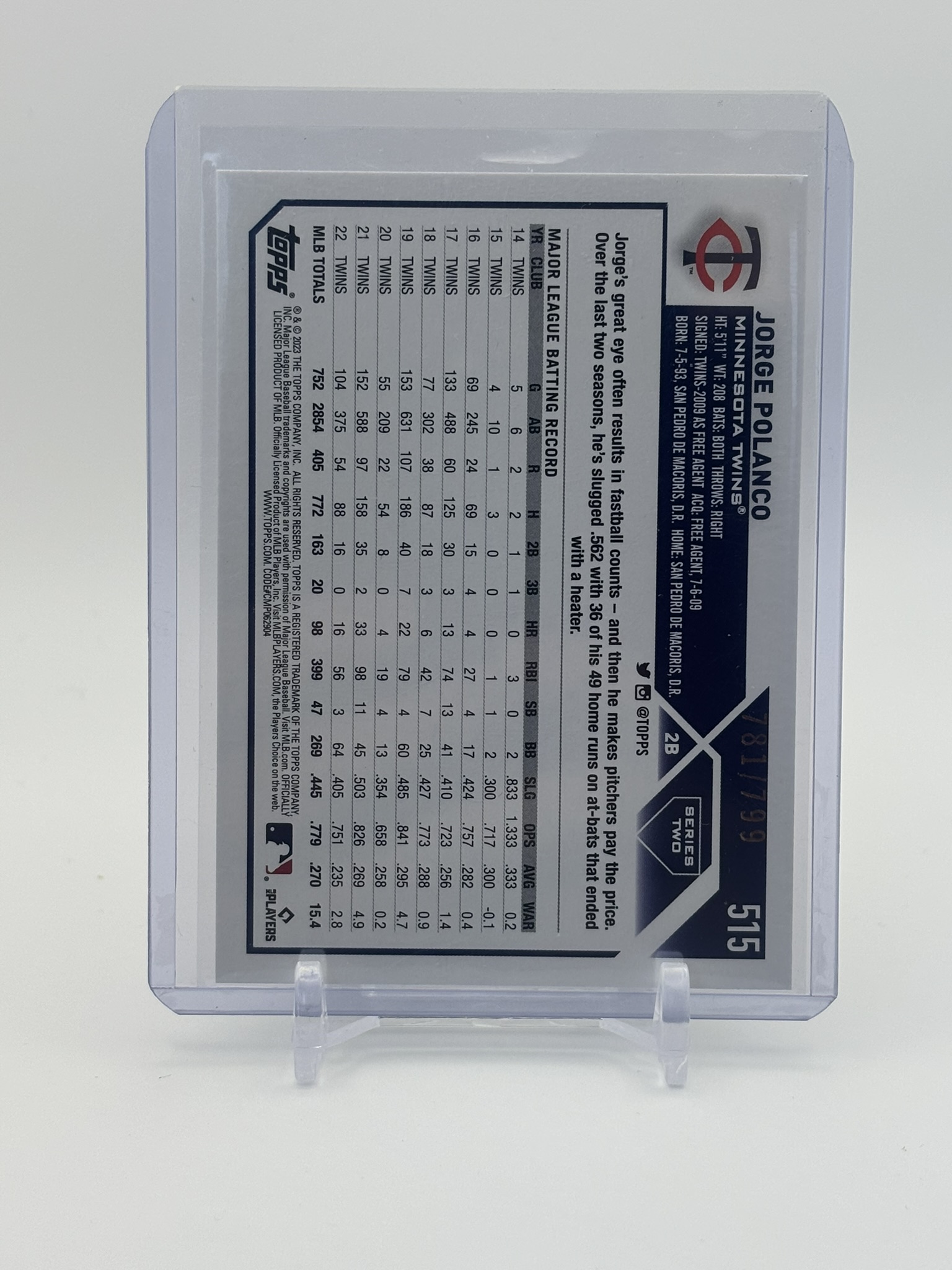 lot 656 image: 2023 Topps Series 2 - Jorge Polanco #515 Purple Foil Serial #d 799