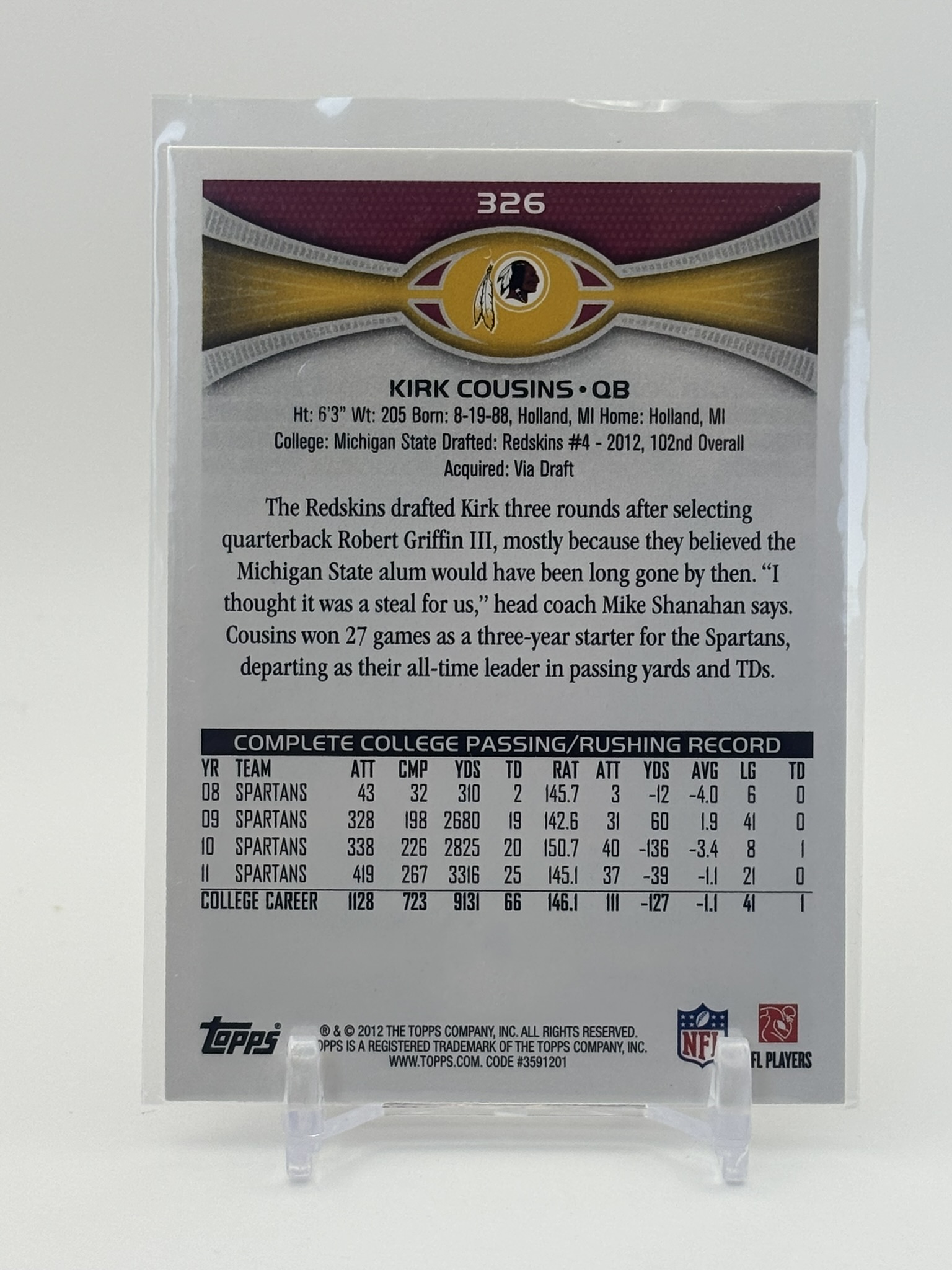 lot 660 image: 2012 Topps - Kirk Cousins #326 Rookie Card Minnesota Vikings