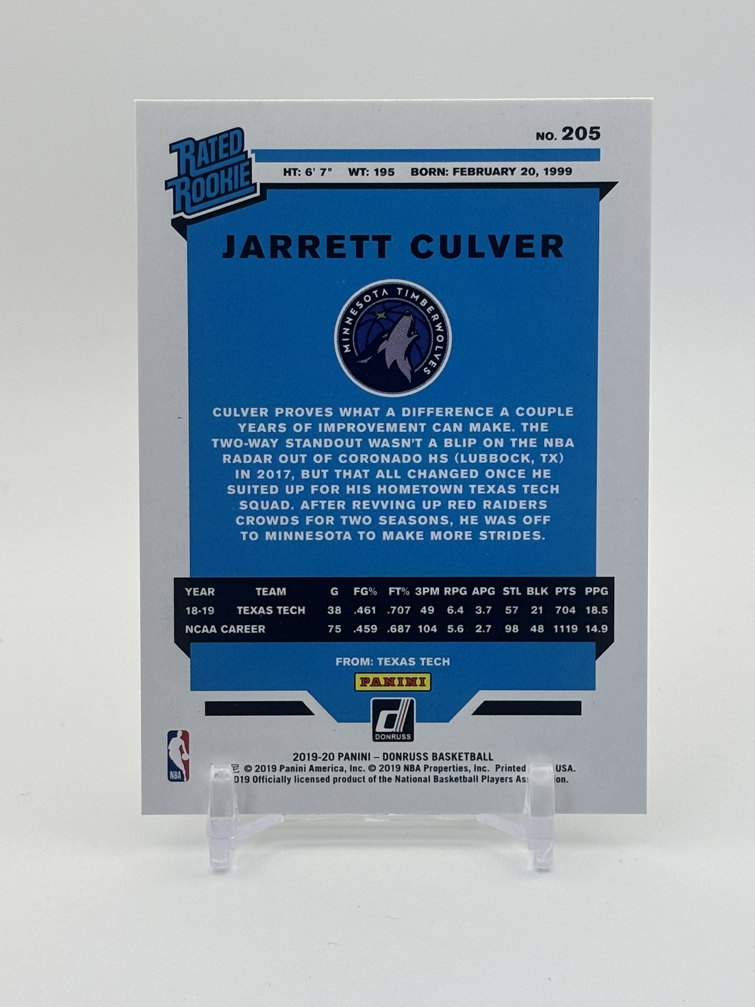 lot 666 image: 2019-20 Panini Donruss - Rated Rookie Jarrett Culver #205 Rookie Card