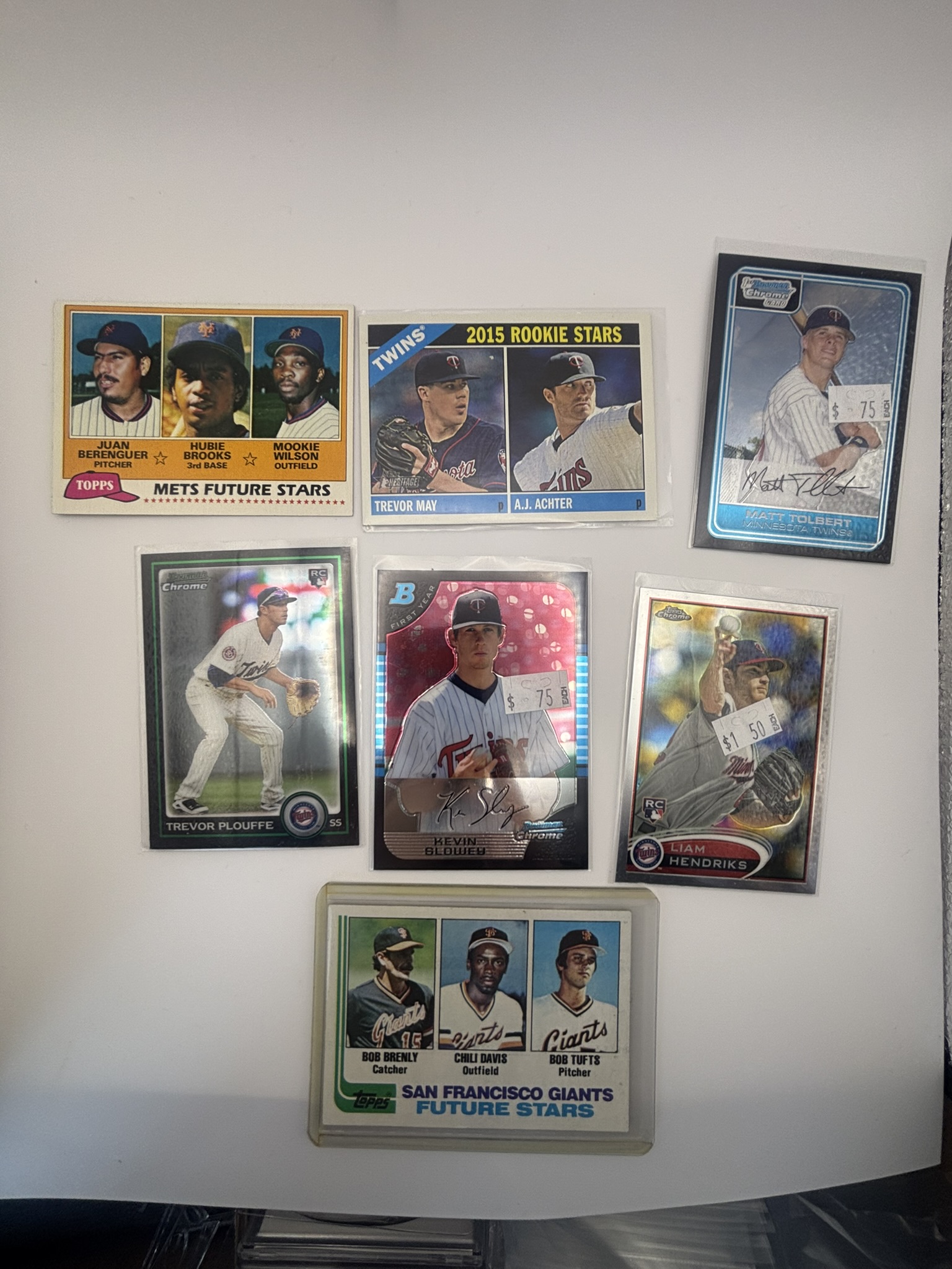 lot 672 image: Minnesota Twins Rookie Card Lot 7 Cards Total, Juan Berenguer, Trevor Plouffe, Kevin Slowey, Liam Hendricks, Matt Tolbert, Trevor May and More