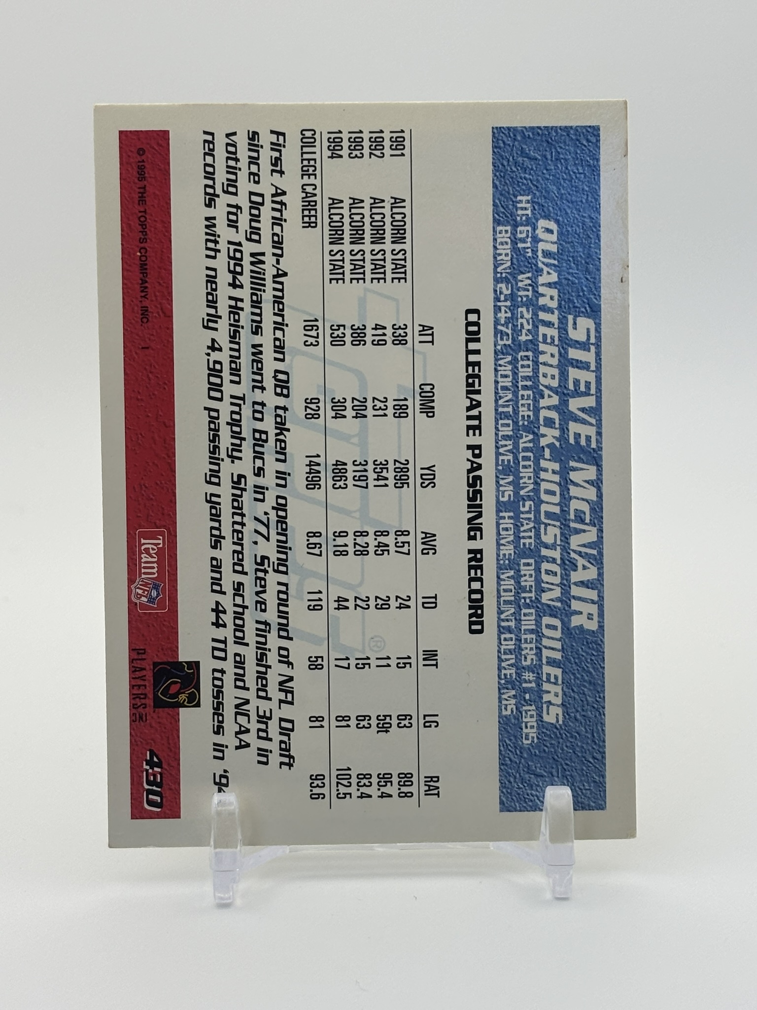 lot 682 image: 1995 Topps - Steve McNair Rookie Card Tennessee Titans