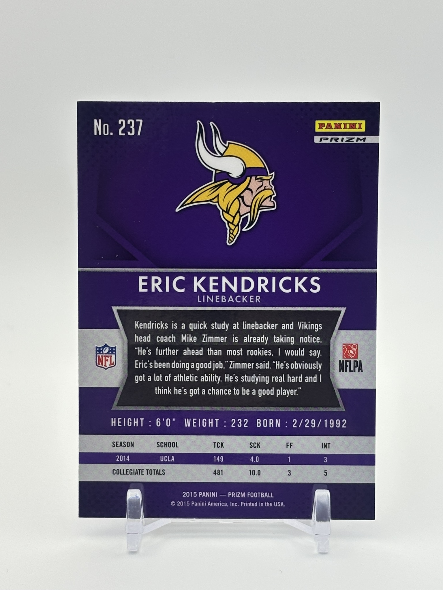 lot 683 image: 2015 Panini Prizm - Rookies Eric Kendricks #237 Blue Prizm Rookie Card