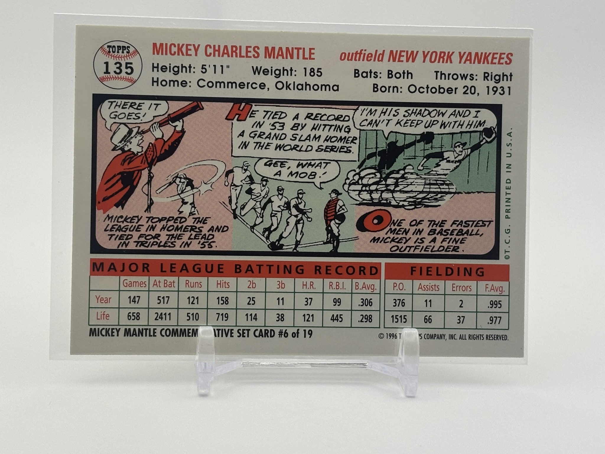 lot 702 image: 1996 Topps - Mickey Mantle Commemorative Reprints Mickey Mantle #6 1956 Topps