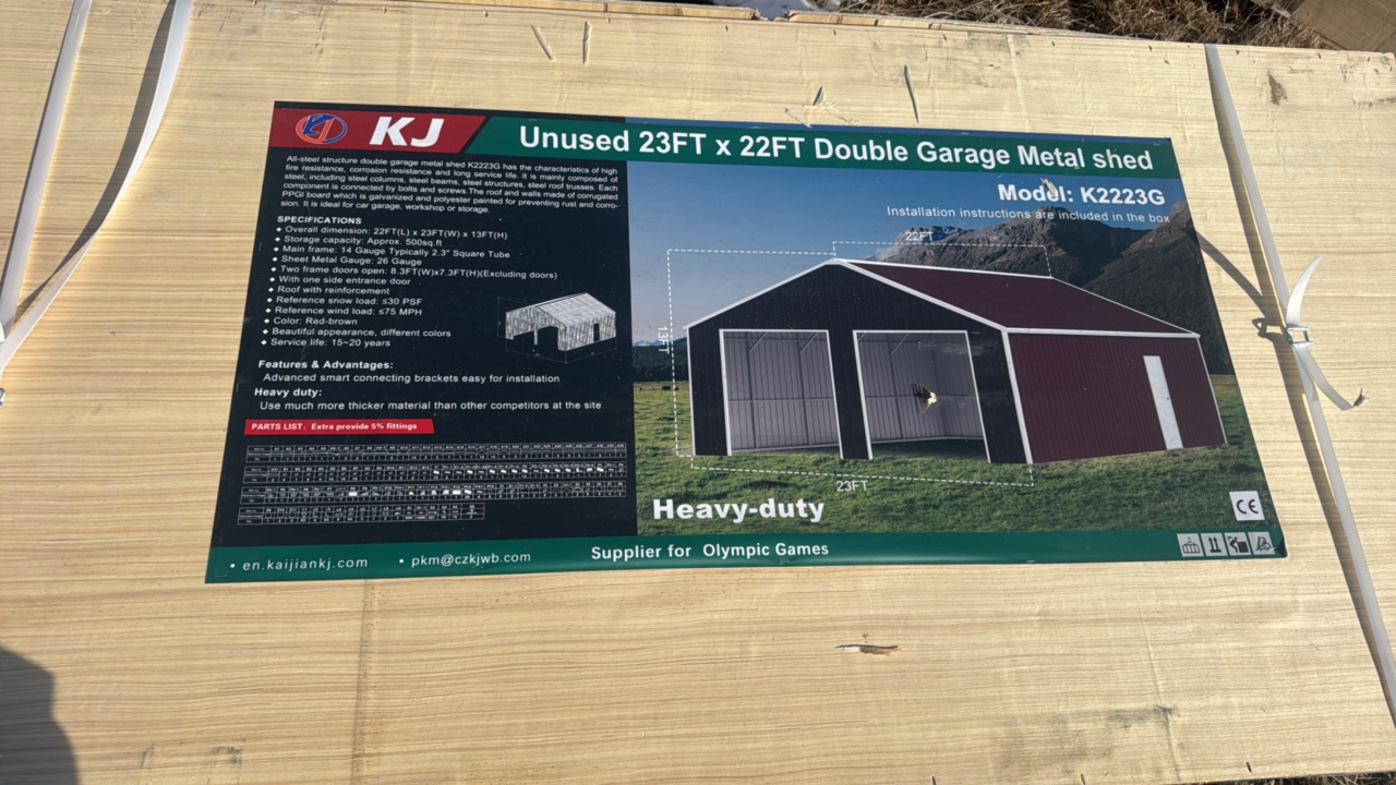 lot 292 image: 2025 K2223G Unused 23ftx22ft Double Garage Metal shed