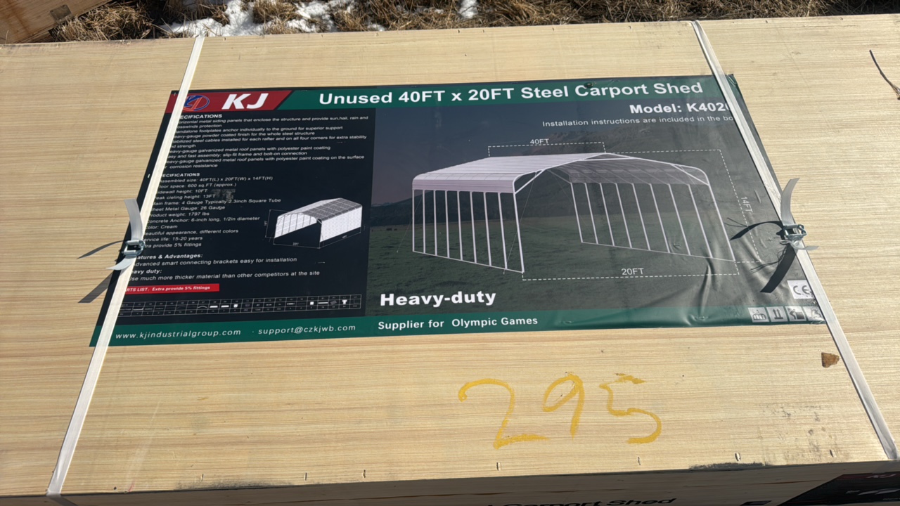 lot 295 image: 2025 K4020 Unused 40ft x 20ft SteeI Carport Shed