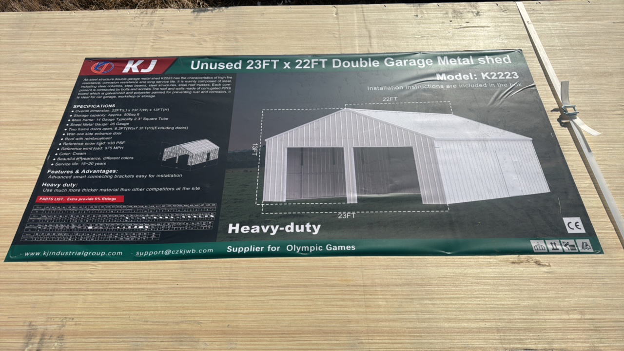 lot 299 image: 2025 K2223 Unused 23ftx22ft Double Garage Metal shed