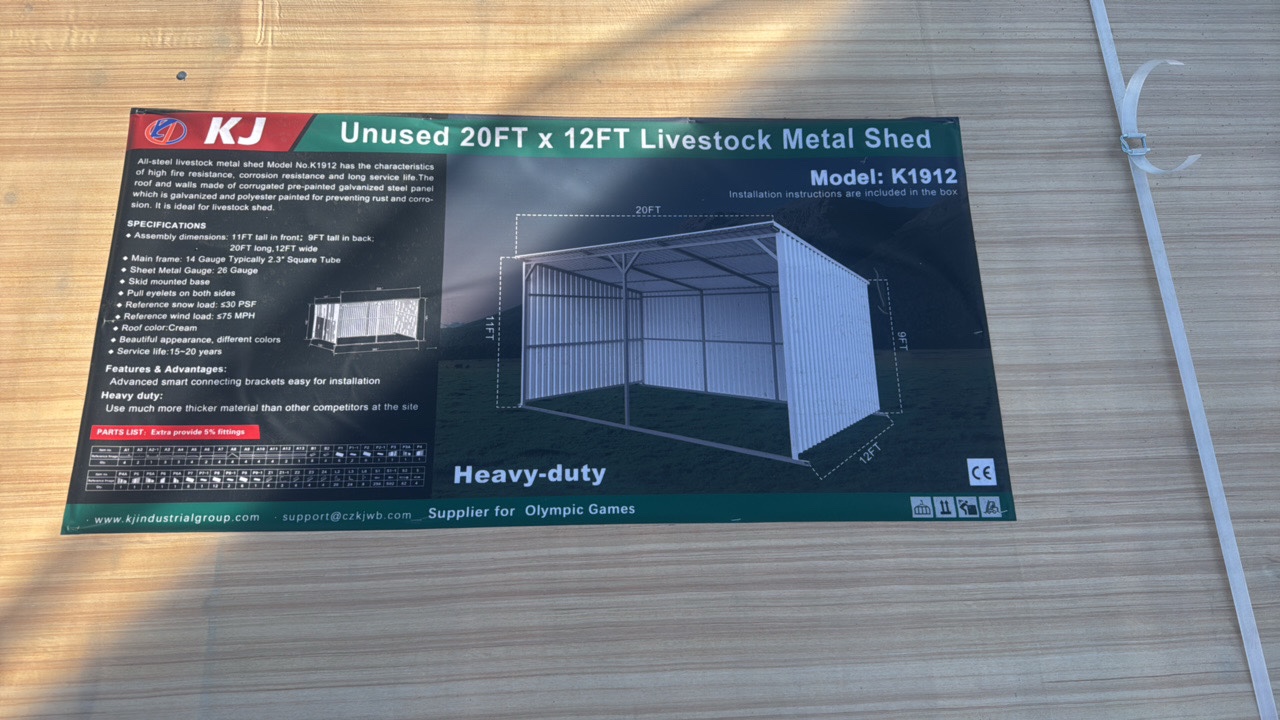 lot 305 image: 2025 K1912 Unused 20FTx12FT Livestock Metal Shed
