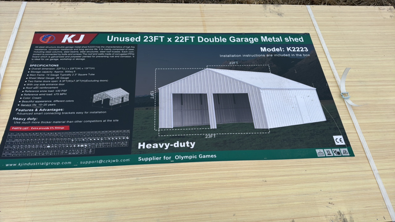 lot 325 image: 2025 K2223G Unused 23ftx22ft Double Garage Metal shed