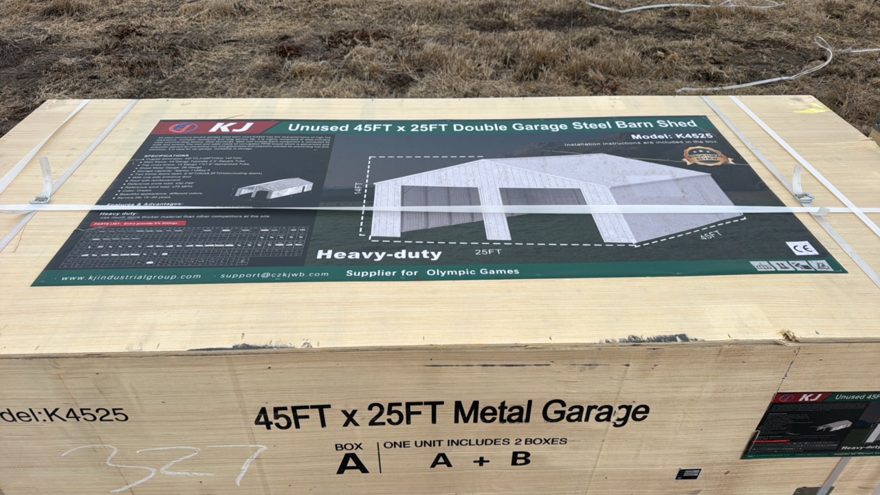 lot 327 image: 2025 K4525 Unused 45FTx25FT Double Garage Steel Barn Shed
