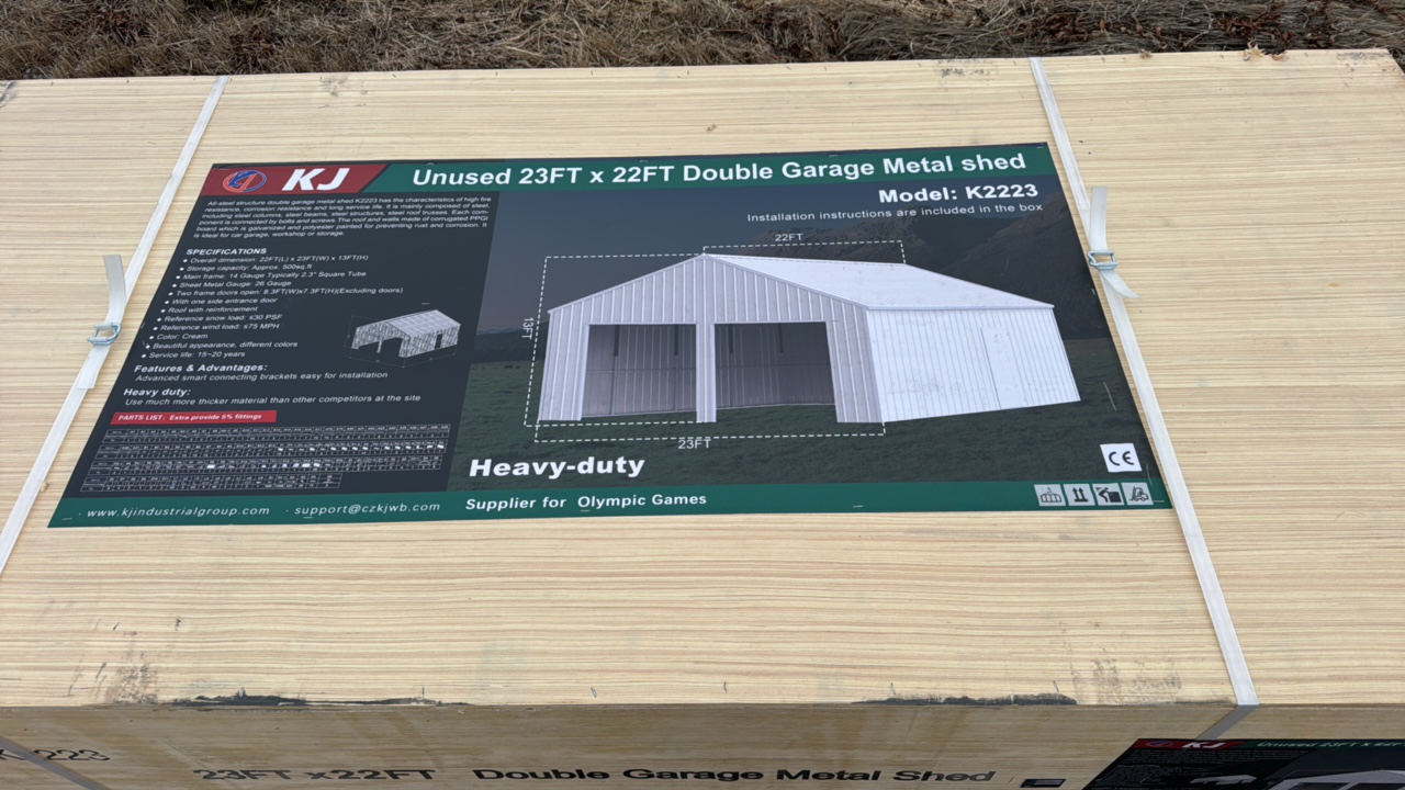 lot 332 image: 2025 K2223 Unused 23ftx22ft Double Garage Metal shed