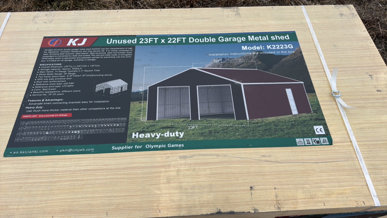 lot 340 image: 2025 K2223G Unused 23ftx22ft Double Garage Metal shed