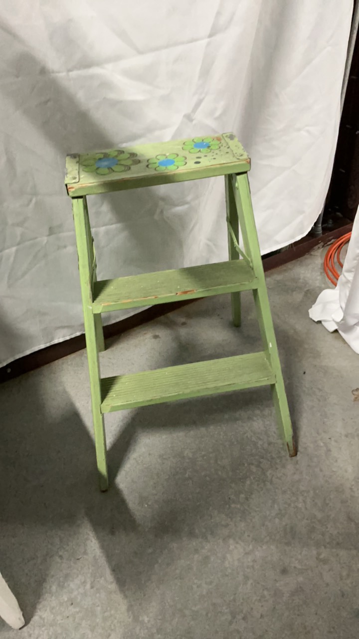 Vintage Hand-Painted Green Wooden Step Stool - Garden Flower Motif