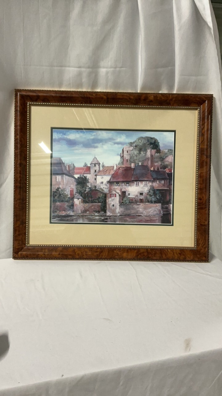 Vintage European Waterside Village Framed Print