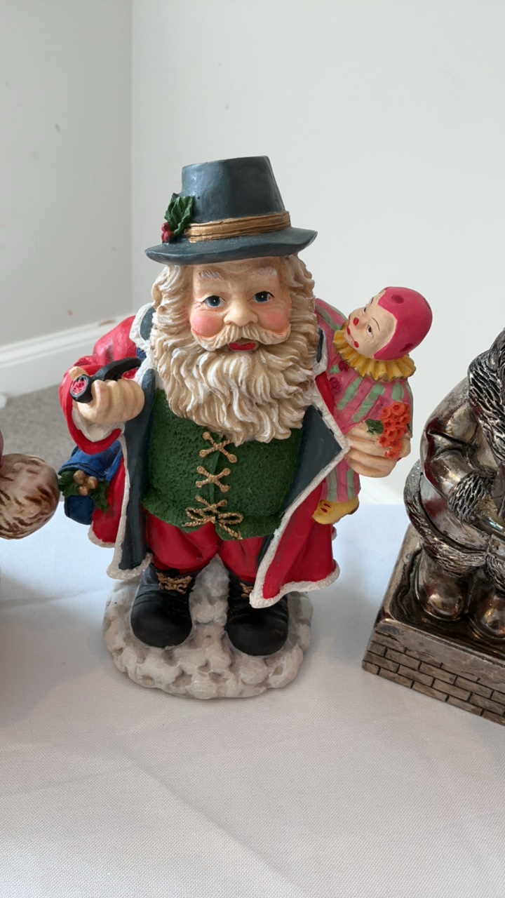 Festive Santa Character Collection Coin Bank, Silver-Tone Statue & Workshop Figurine