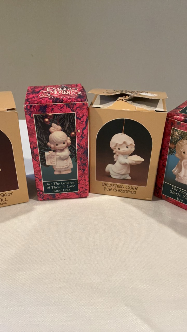 Set of 6 Vintage Precious Moments Porcelain Christmas Ornaments - Boxed