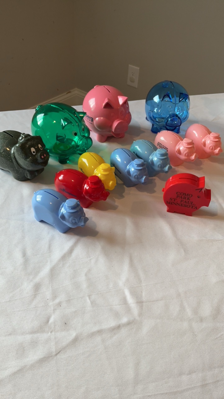 Vintage Hard Plastic & Translucent Piggy Bank Collection - Souvenir & Advertising Set