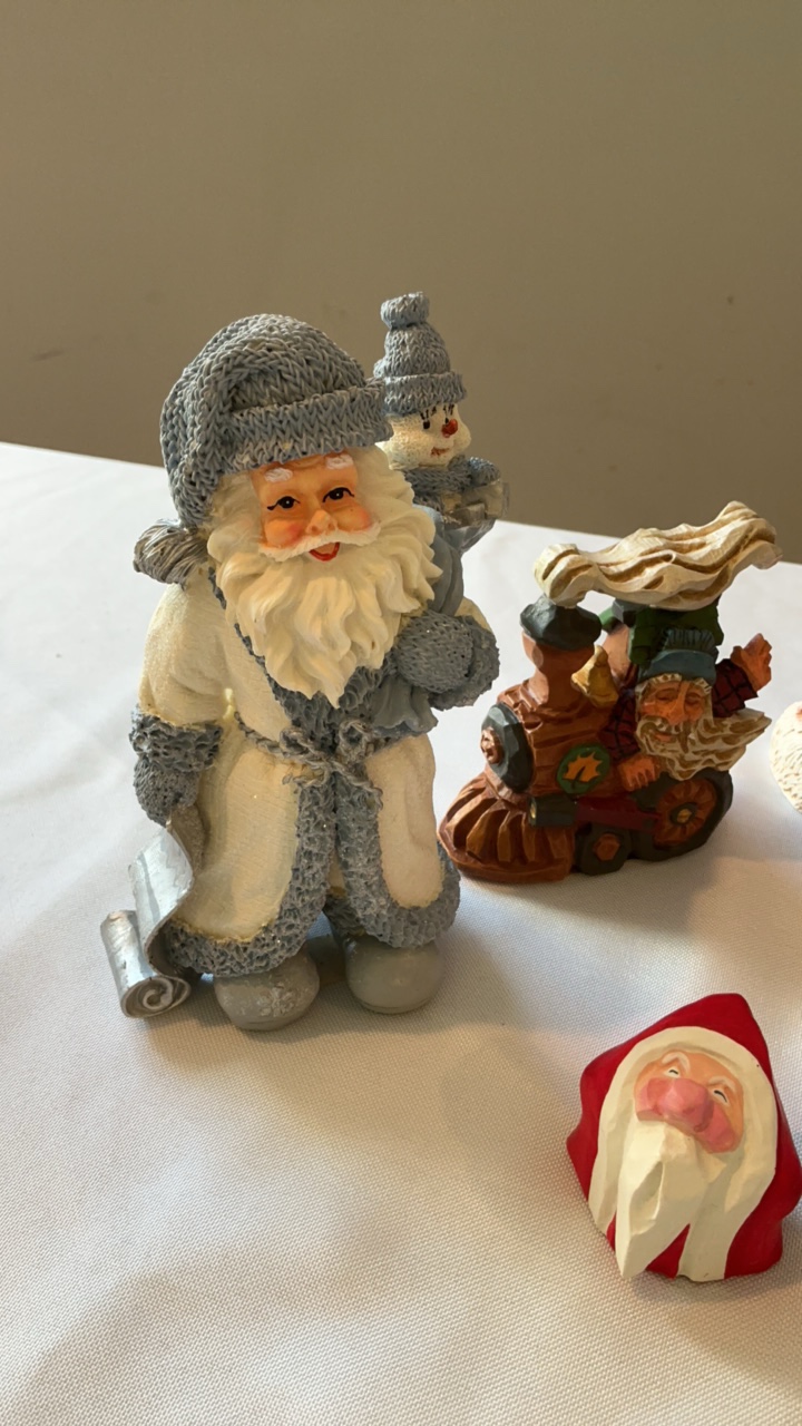 Whimsical & Tall Santa Figurine Collection - Blue Ice Santa, Gold St. Nick & Peppermint Tree