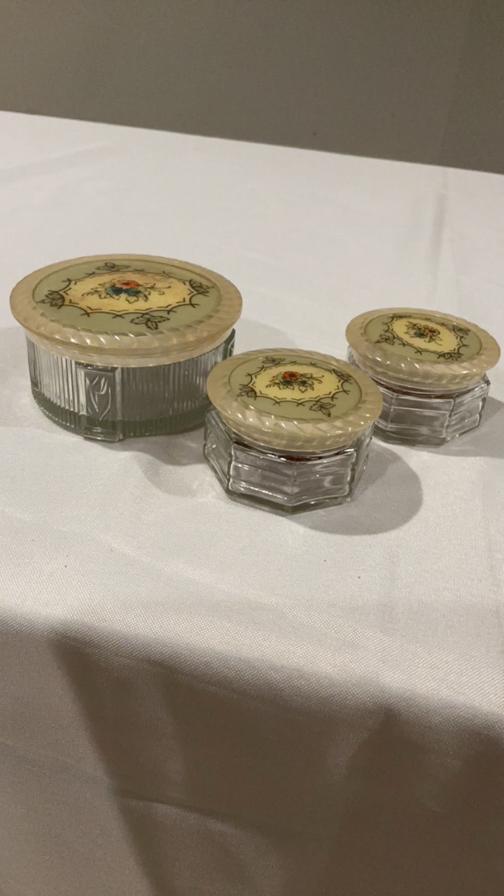 Vintage Art Deco Glass Vanity Jar Set  Floral Celluloid Lids  3 Pieces
