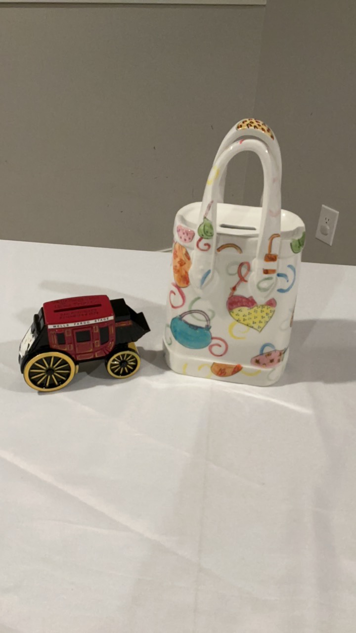 Vintage Specialty Coin Banks Wells Fargo Stagecoach & Hand-Painted Ceramic Handbag