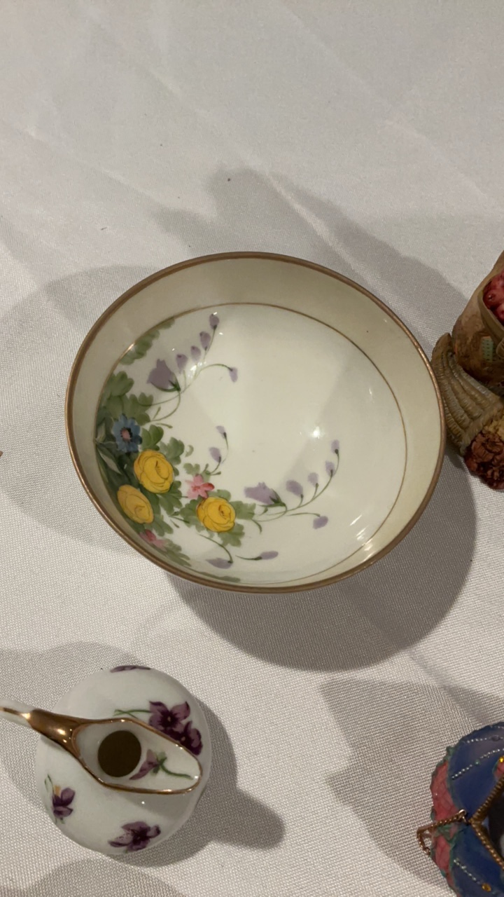 Vintage Hand-Painted Porcelain Set Nippon Footed Bowl, Miniature Pitchers & Porcelain Trinket Boxes