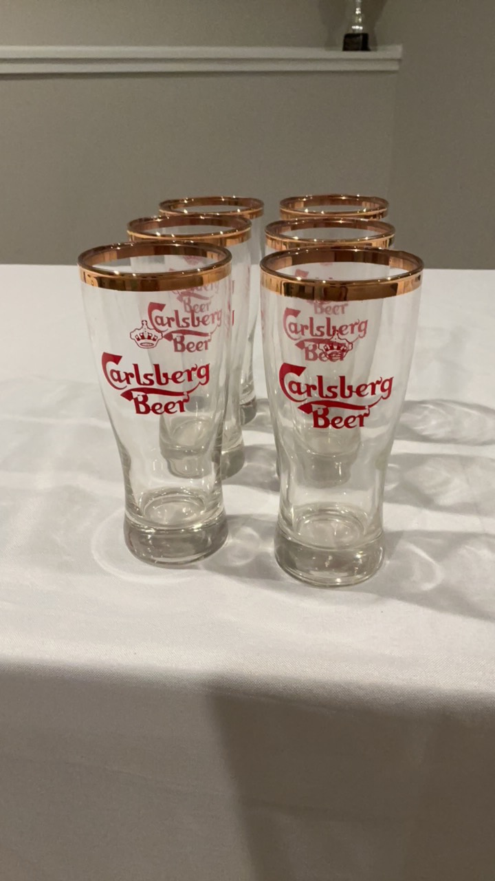 Vintage Carlsberg Beer Glasses - Set of 6 - Gold Gilt Rim - Footed Pilsner Style