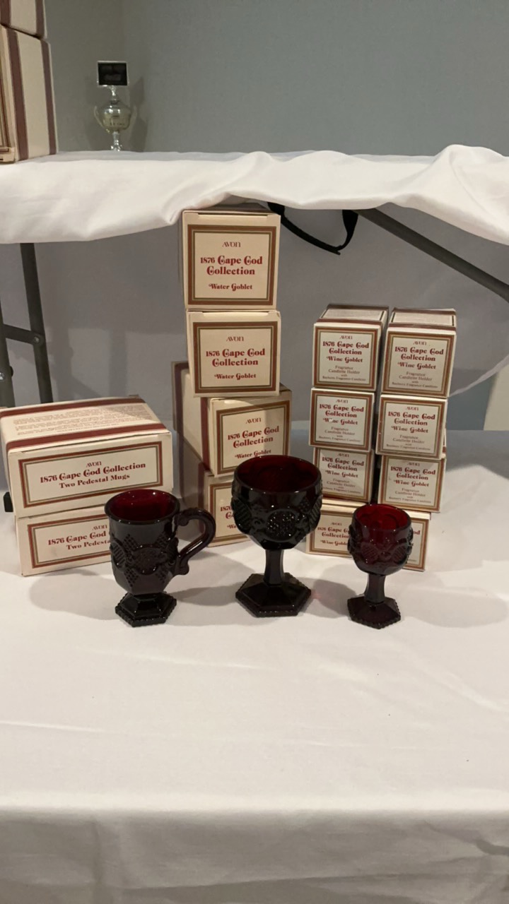 Avon 1876 Cape Cod Stemware Collection  Ruby Red Pressed Glass  17 Pieces  Mostly Boxed