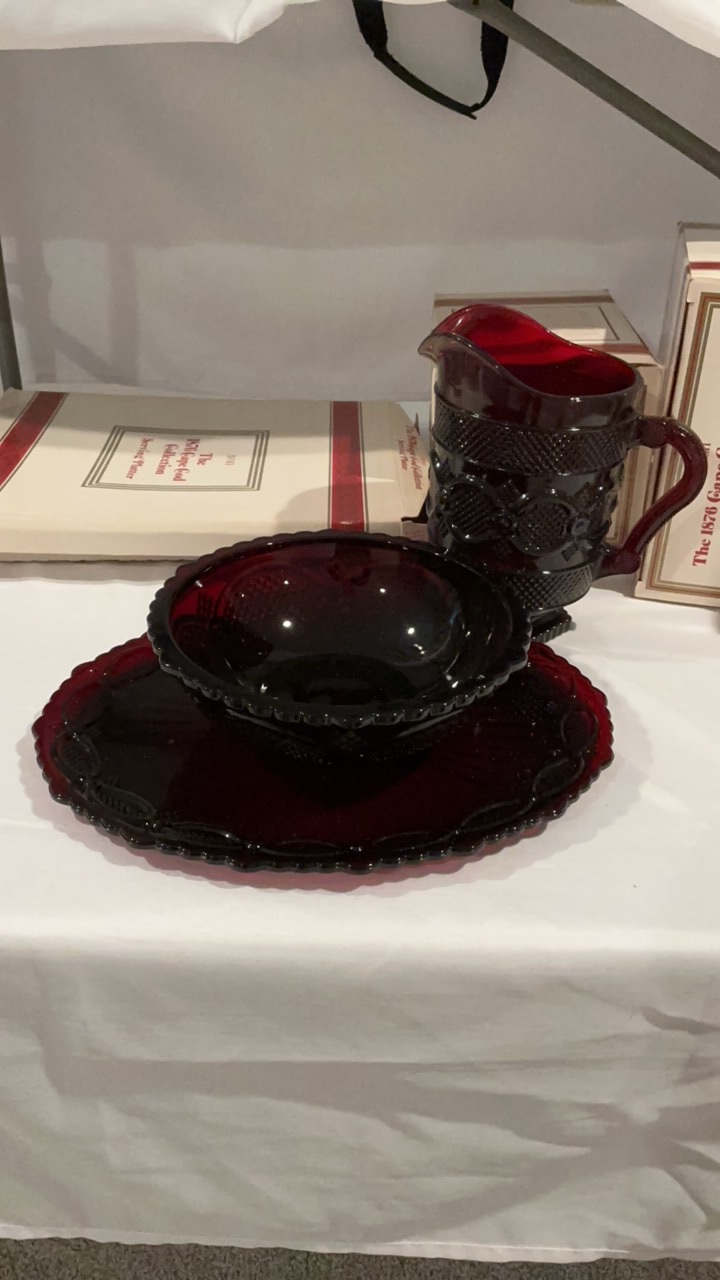 Avon 1876 Cape Cod Master Serving Collection  Ruby Red Pressed Glass  6 Piece Set
