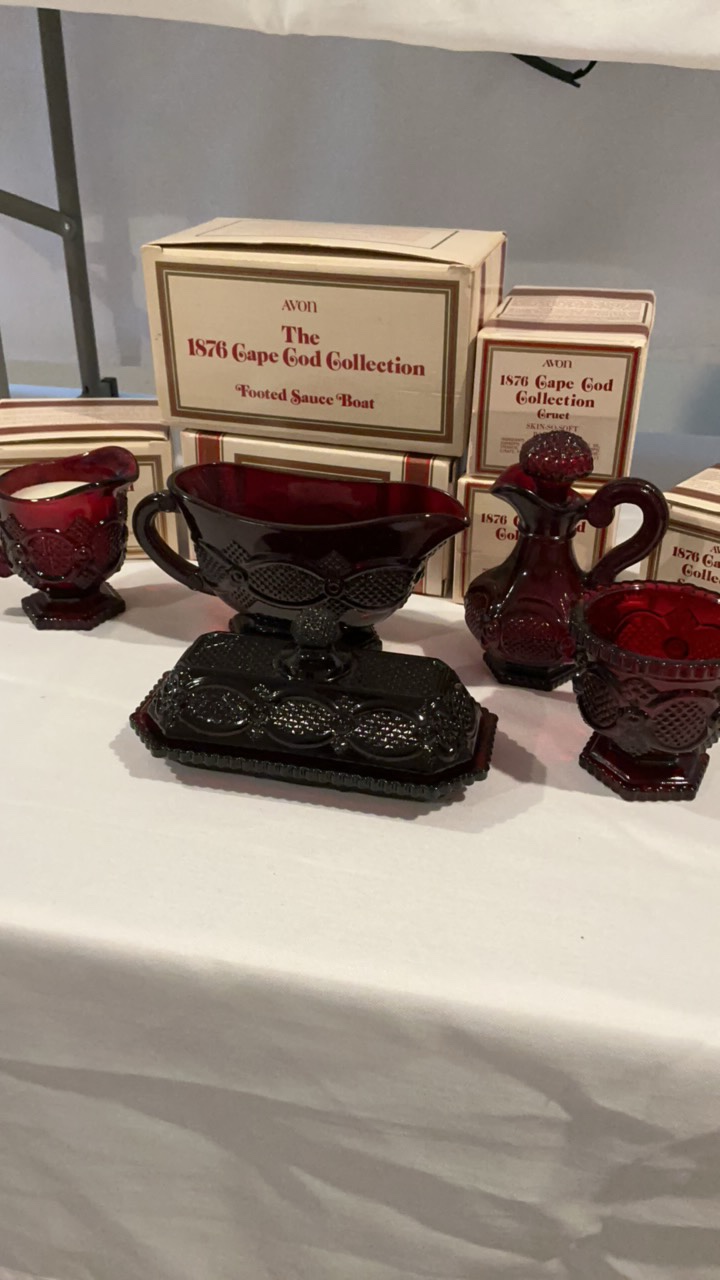 Avon 1876 Cape Cod Coffee & Condiment Serving Set  Ruby Red Glass  5 Piece Set