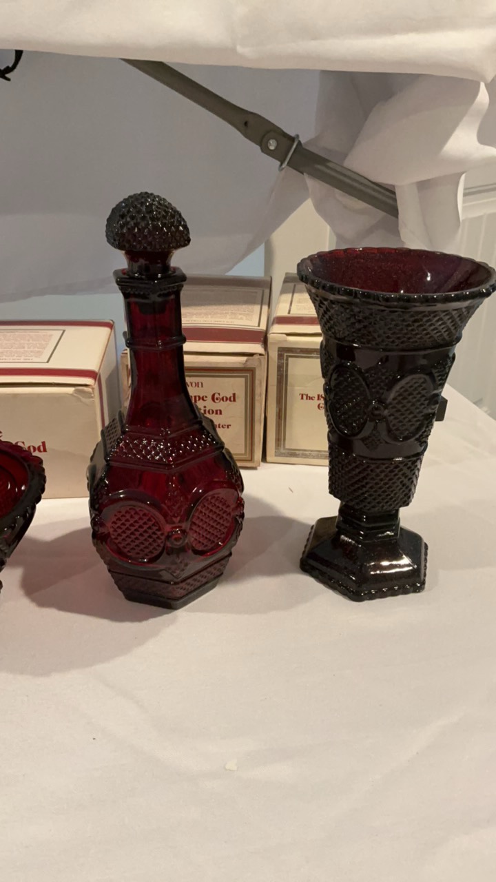 Avon 1876 Cape Cod Hostess Accessory Collection  Ruby Red Glass  8 Piece Set