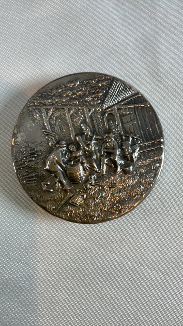 Vintage Hans Jensen Danish Silver-Plated Compact - Repouss Tavern Scene