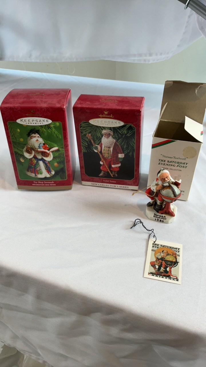 Hallmark & Norman Rockwell Christmas Ornament Lot  Joyful Santa Series 1st Edition & Vintage Porcelain