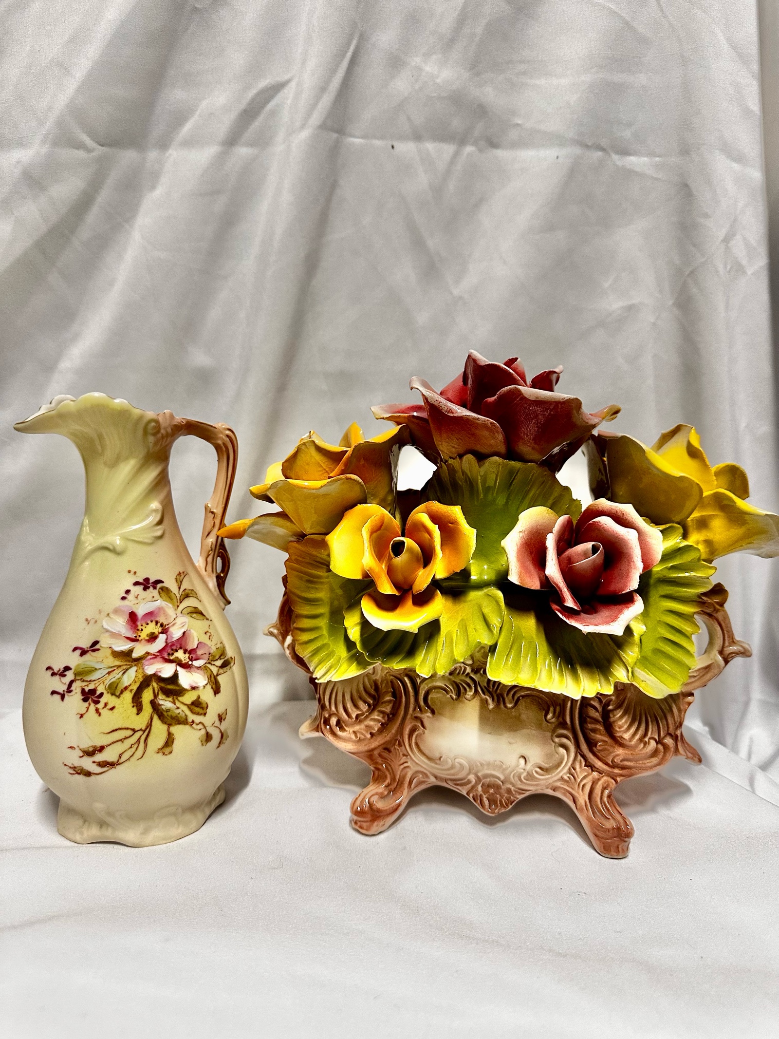 Italian Capodimonte porcelain decorative pieces featuring hand-applied roses