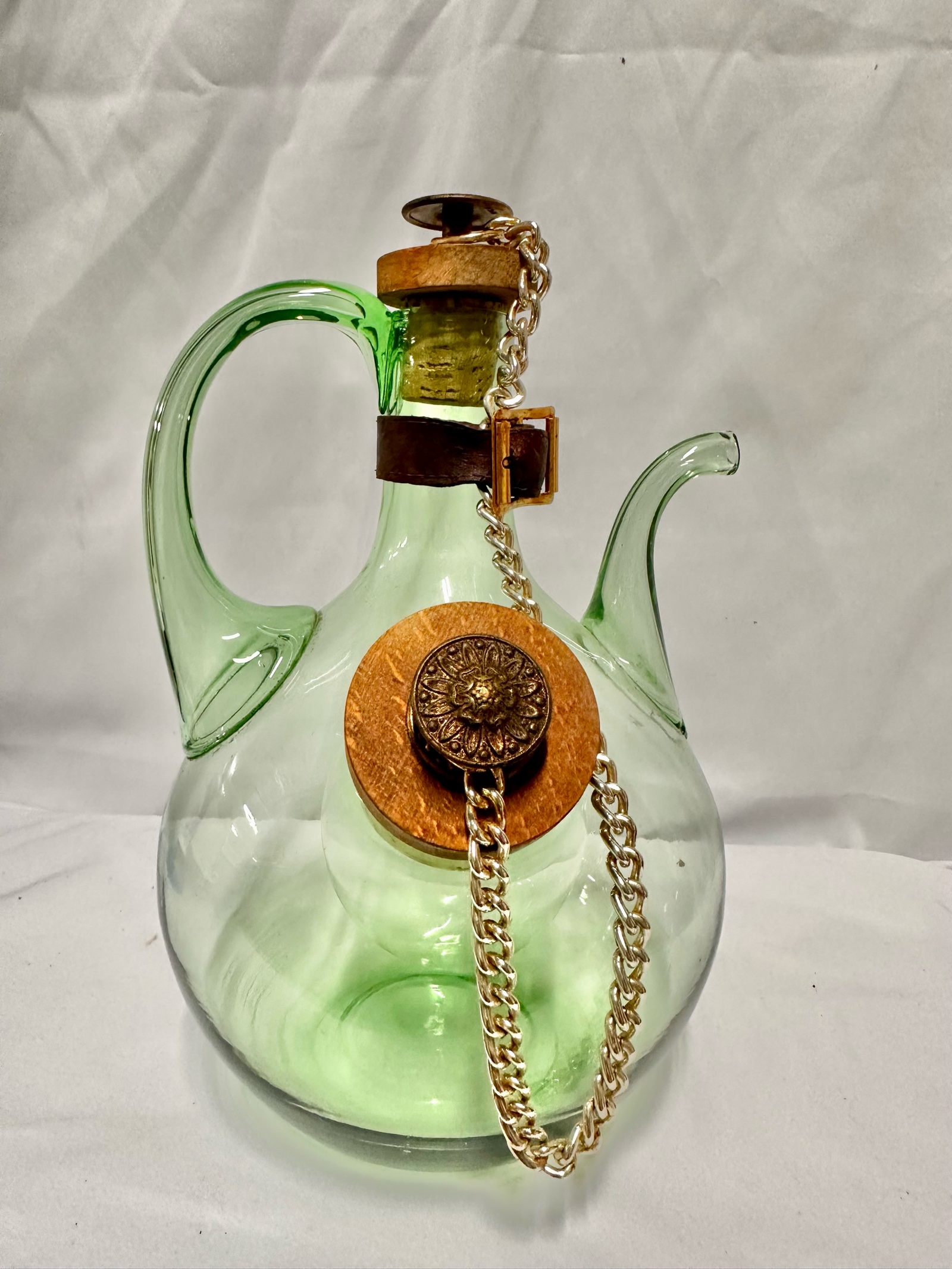 Beautiful vintage Italian hand-blown green glass wine decanter with an ice chamber
