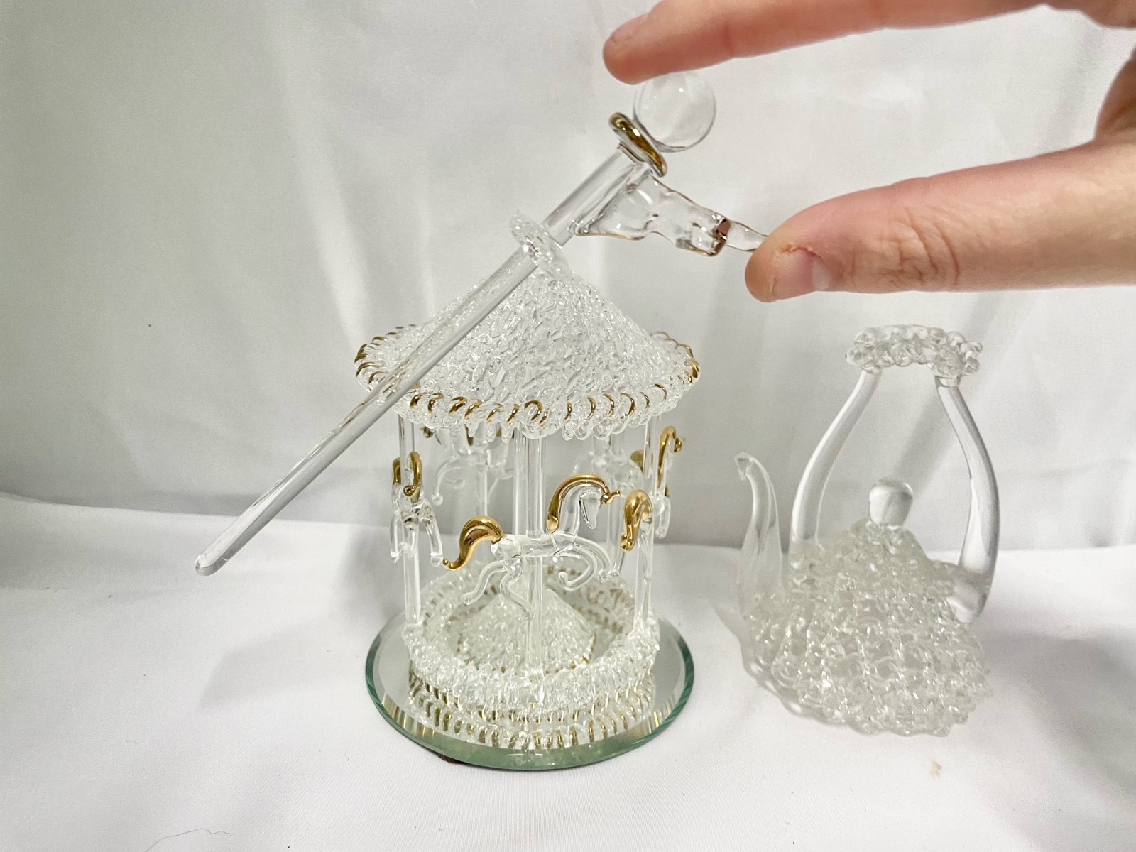 Spun glass  24k gold trim gold carousel baron and angel