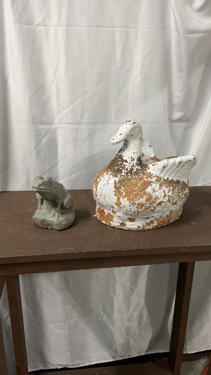 Vintage Garden Decor Lot - Concrete Duck Planter & Bullfrog Statuary