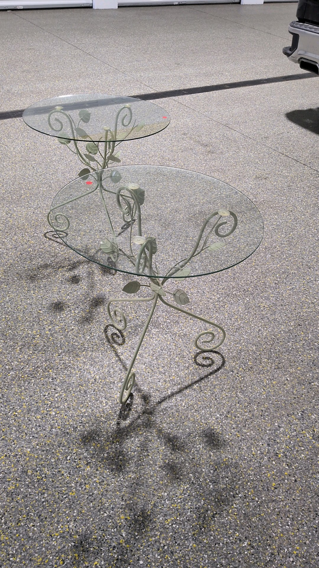 Pair of Vintage Wrought Iron & Glass Side Tables  Leaf & Scroll Motif  2 Tall