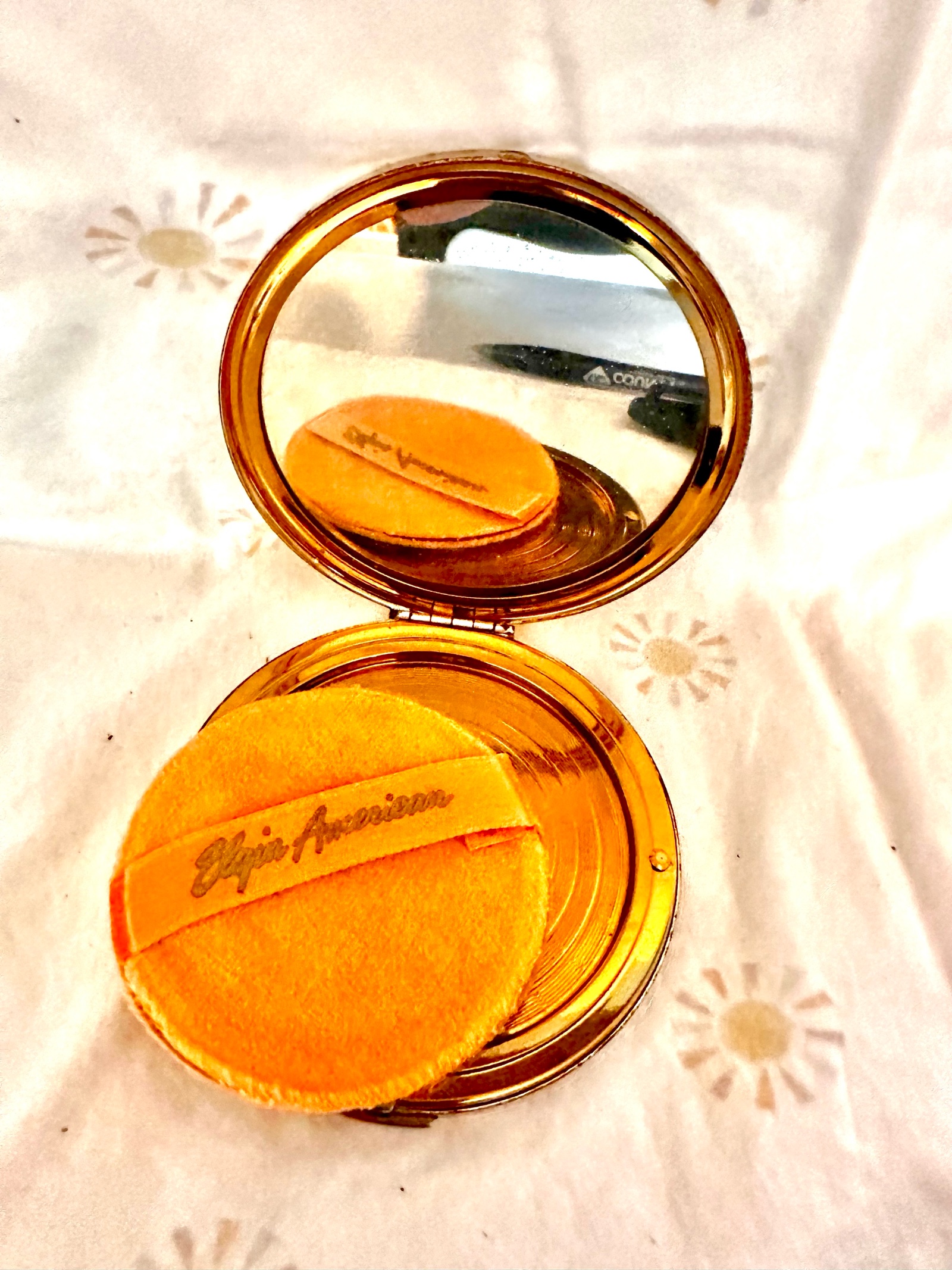 Elgin American Powder Compact Rhinestone Boxed Floral 1950s VINTAGE
