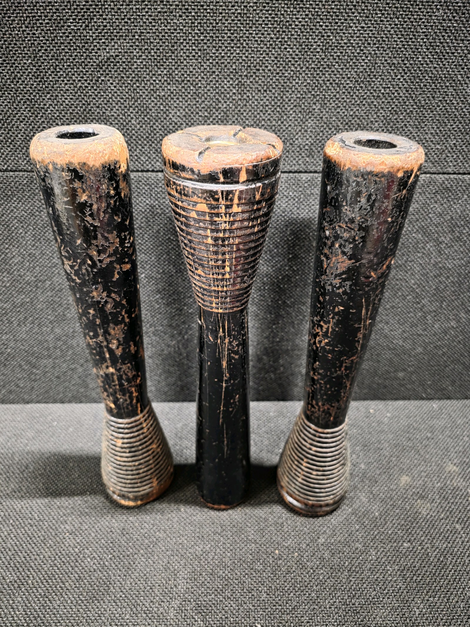 lot 115 image: 3 VINTAGE 12 Wooden Industrial Textile Bobbin Spool Spindle-PA Mills Great Patina