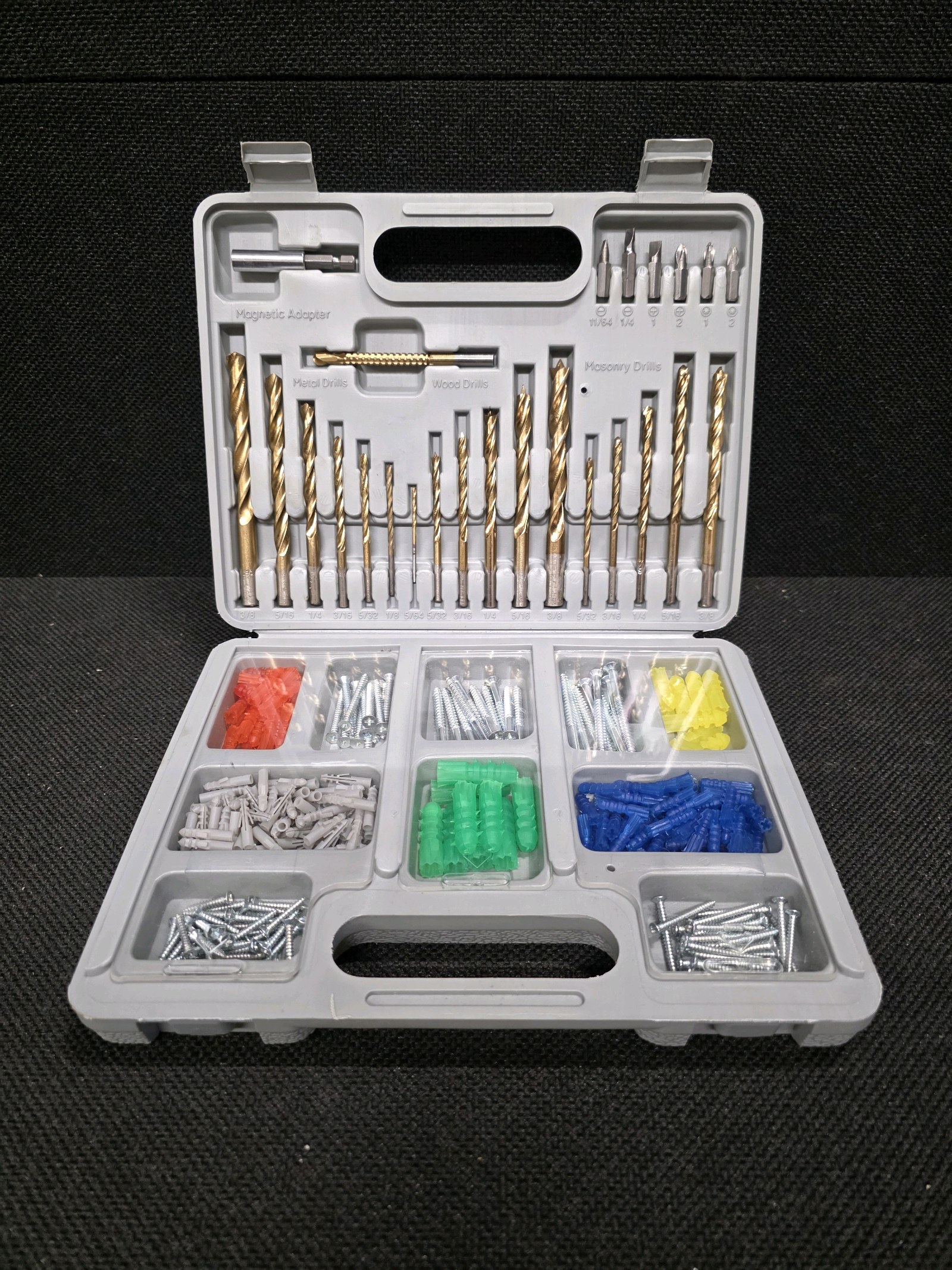 lot 138 image: BRAND-NEW Wall Anchor Installation Kit, Complete with 18 Drill Bits for Wood, Metal and Masonry Applications