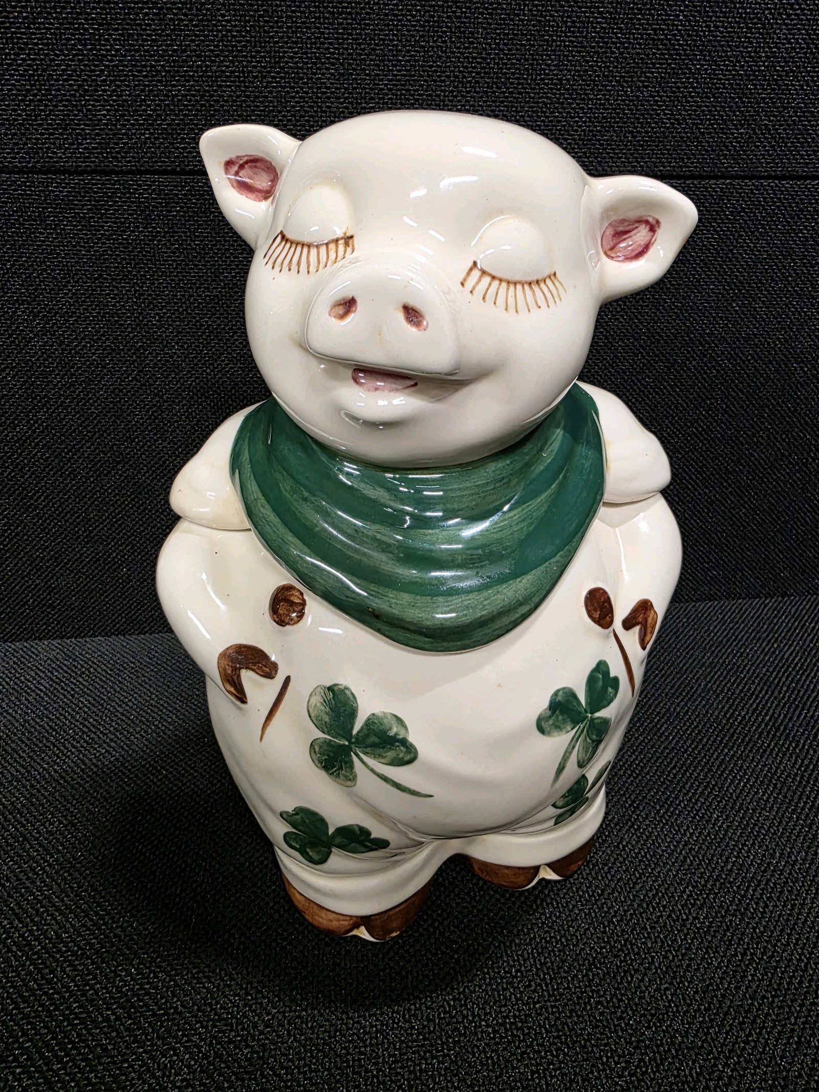lot 183 image: Vintage Shawnee Pottery Smiley Pig Cookie Jar Featuring a Shamrock Design