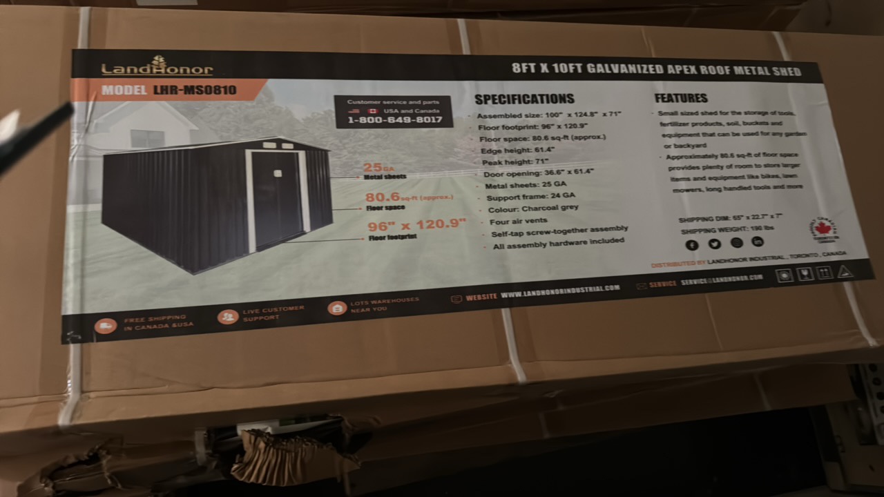 lot 67 image: 8ft x 10ft Galvanized Apex Roof Metal Shed Landhonor 2025 Unused LHR-MS0810